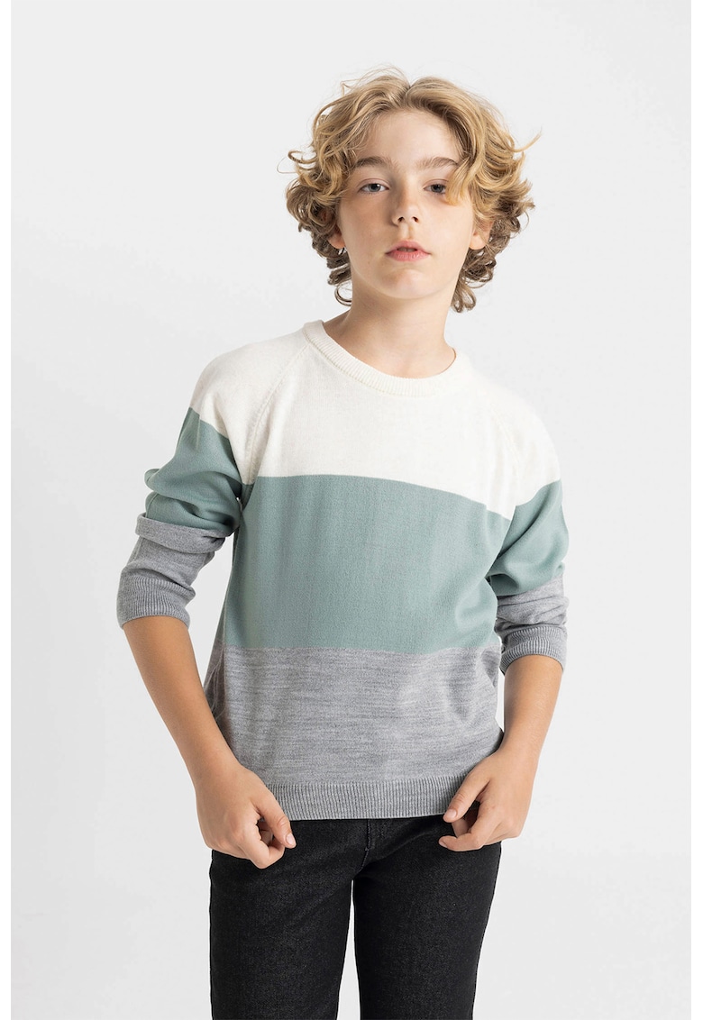 Pulover cu model colorblock si maneci raglan