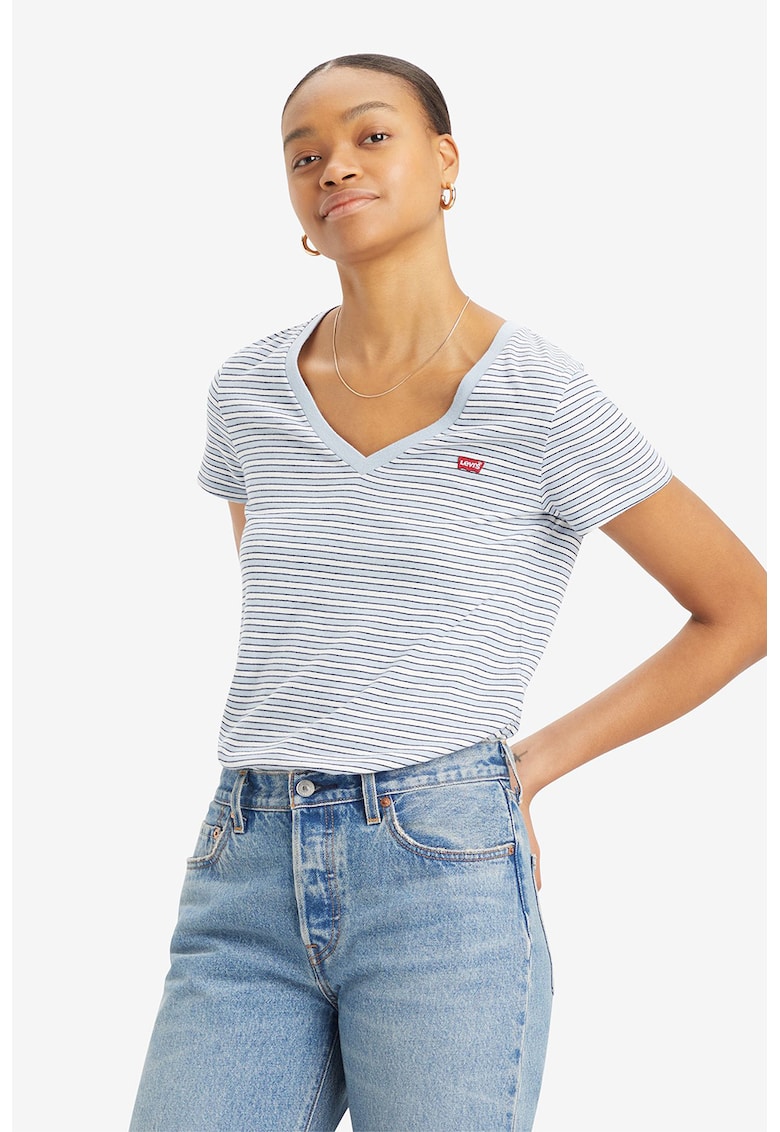 Tricou din bumbac cu decolteu in V si dungi - Albastru glaciar