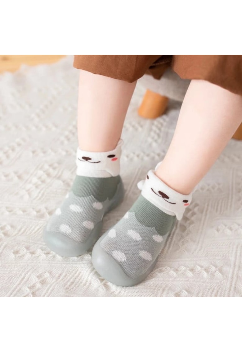 Botosi Cu Talpa De Silicon Antiderapanta - Model Kitty - Textil - Fete - Gri