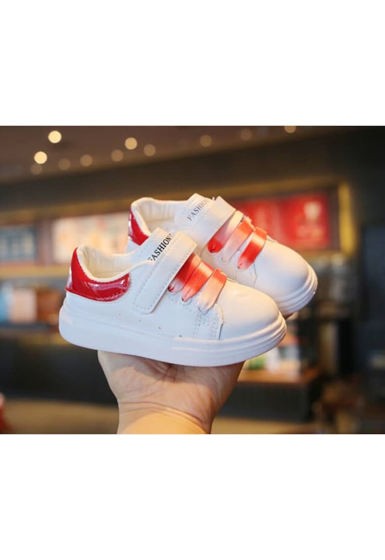 Pantofi Sport Piele ecologica - Cu Insertie Din Lac - Casual - Fete - Velcro - Alb - Rosu