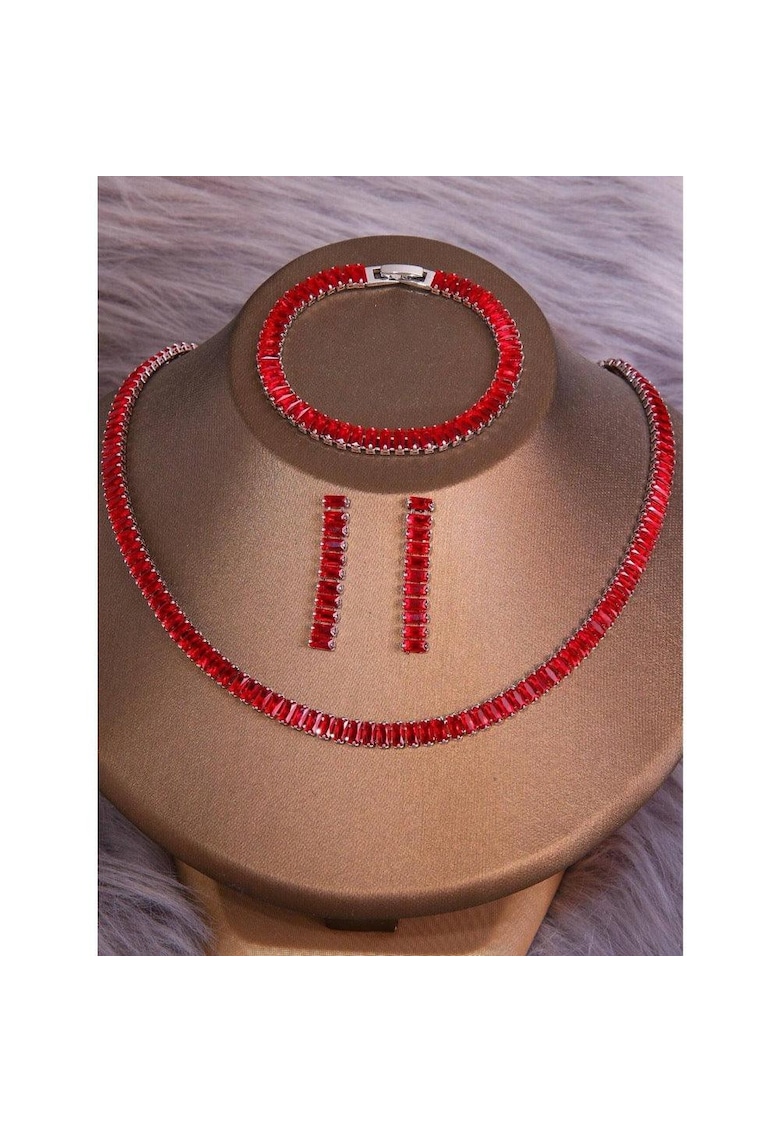 Set colier - bratara si cercei - argintiu - cu pietre rosii din zirconiu - Aapeli C16