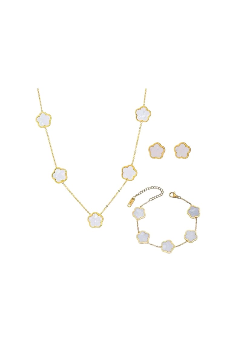 Set colier - bratara si cercei - auriu - din otel inoxidabil - cu floricele albe - Aarni C16 Set colier - bratara si cercei - auriu - din otel inoxidabil - cu floricele albe - Aarni C16