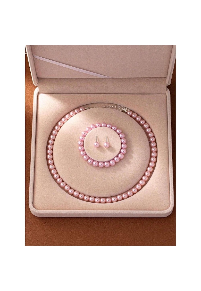 Set colier - bratara si cercei - argintiu - cu perle roz - Aina C16