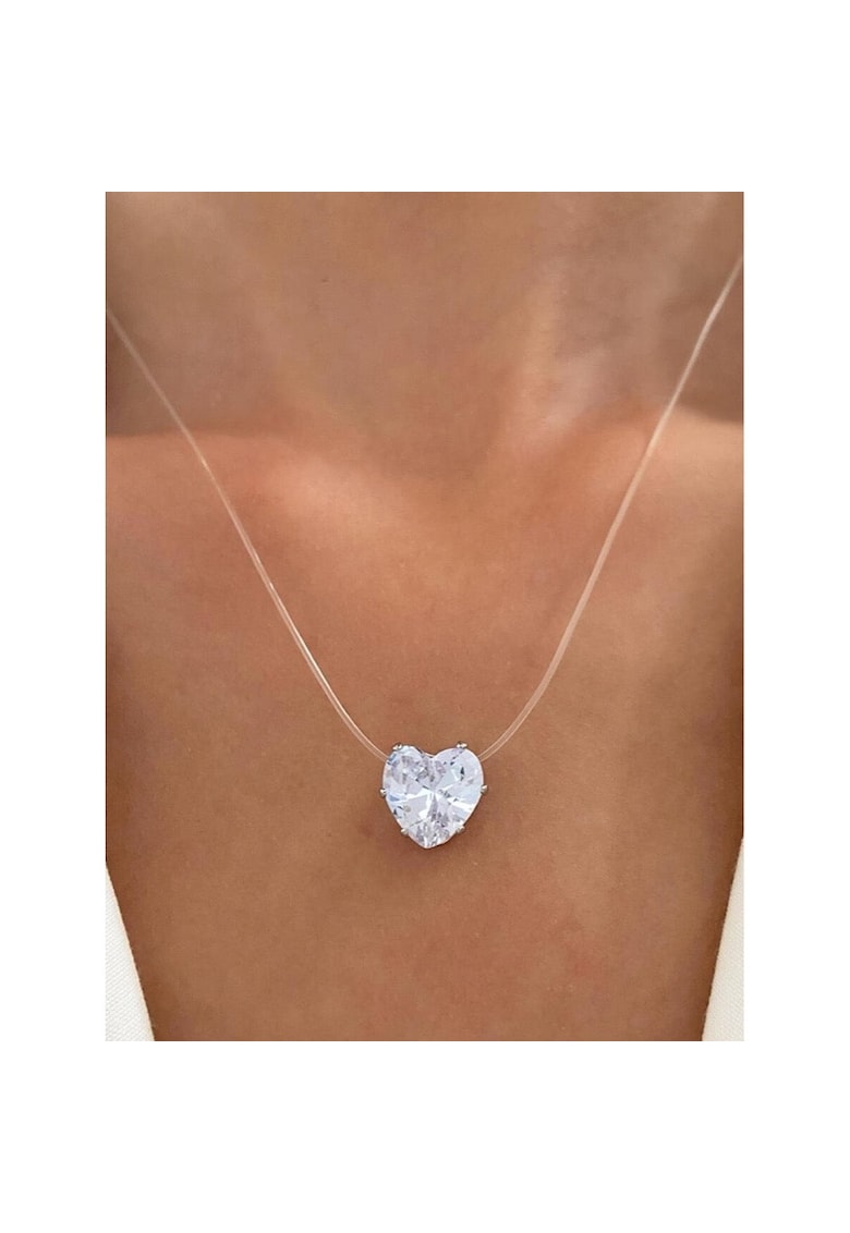 Colier cu fir transparent - argintiu - cu inima si piatra din zirconiu - Amanda C16