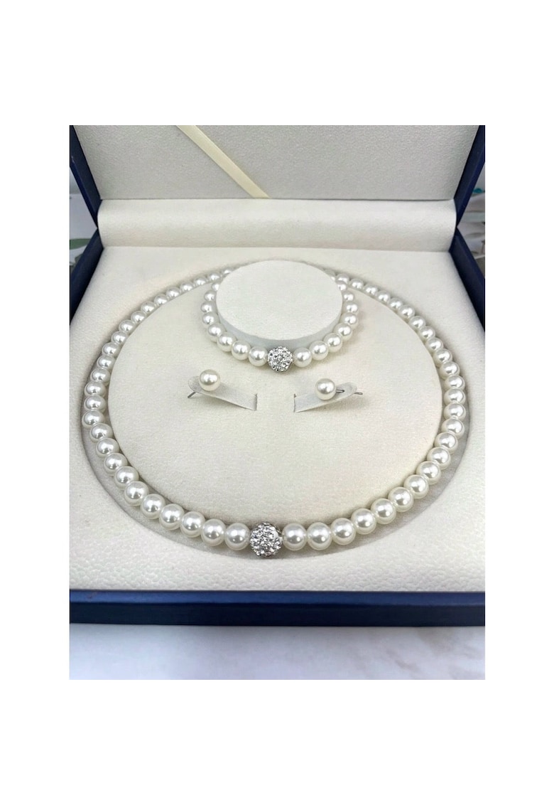 Set colier - bratara si cercei - argintiu - cu perle si cristale - Anu C17