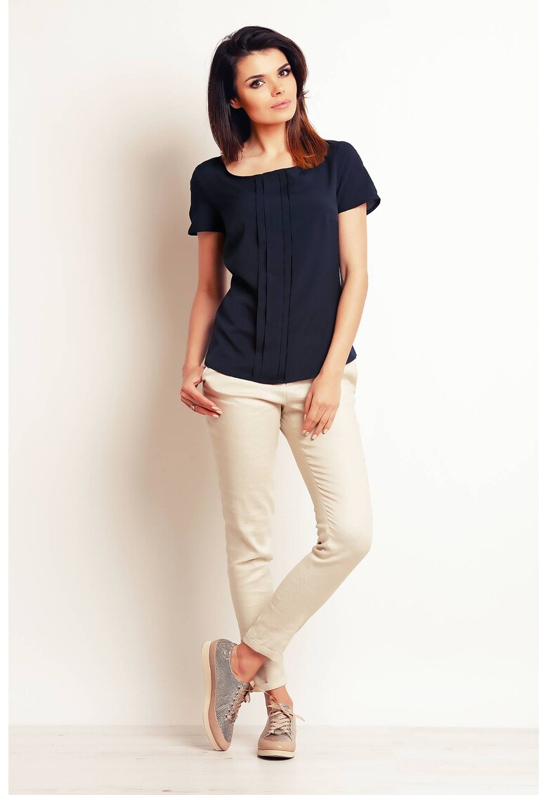 Tricou dama bleumarin - poliester-elastan - maneci scurte - pliuri decorative -