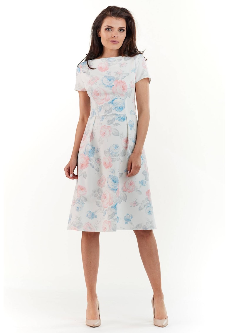 Rochiedama Poliester - M163 - Alb - Flori pastelate