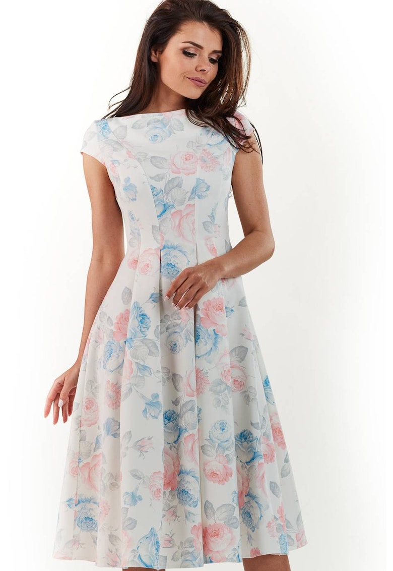 Rochie dama Poliester - M169 - Alb/Flori pastelate -