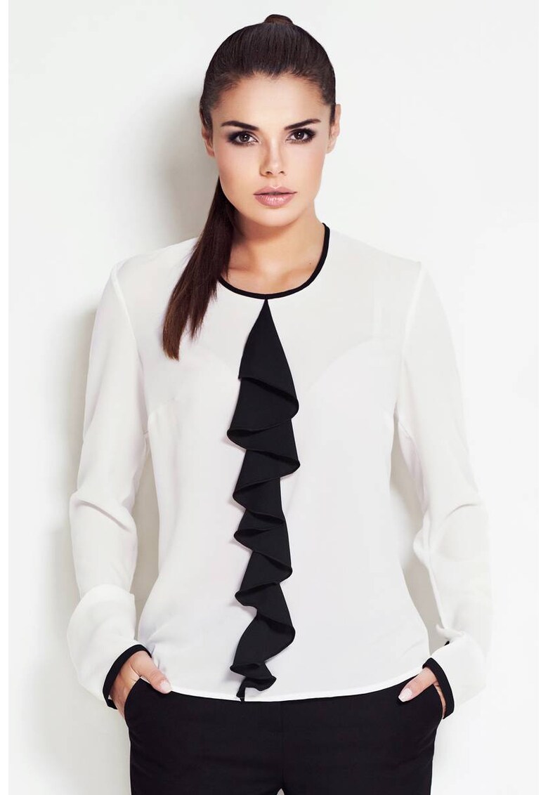 Bluza dama - Poliester - Ecru/Negru - cu maneca lunga