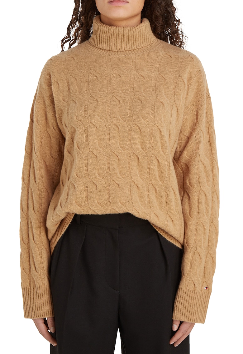 Pulover cu model torsade si guler inalt - Maro camel