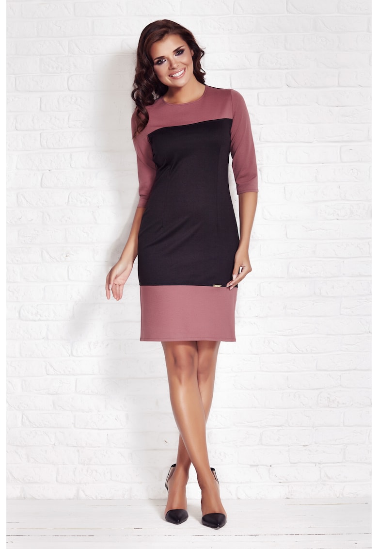 Rochie dama maneci 3/4 - decolteu barca - negru-roz - poliester-elastan -