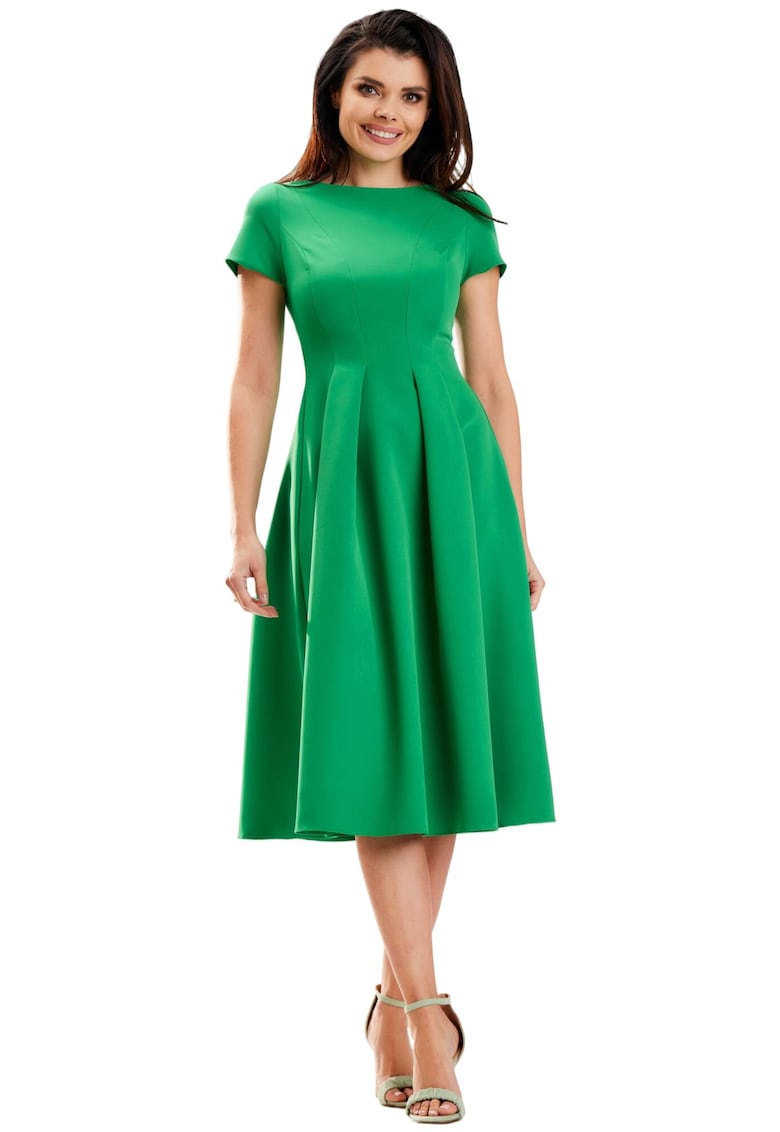 Rochie eleganta midi cu maneci scurte si decolteu barca - - Verde