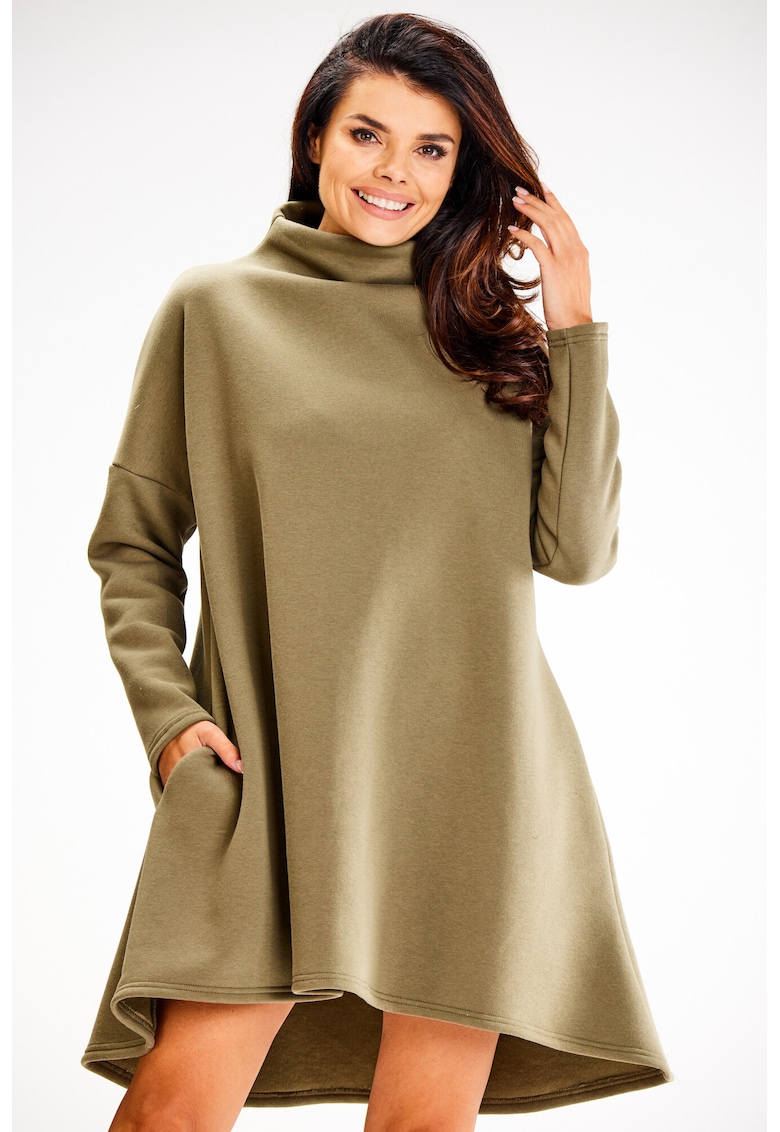 Scurta Rochie Maneca lunga - La baza gatului - Asimetric A609 - Kaki