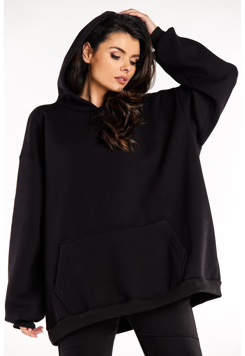 Hanorac oversize cu gluga si buzunar - - Negru