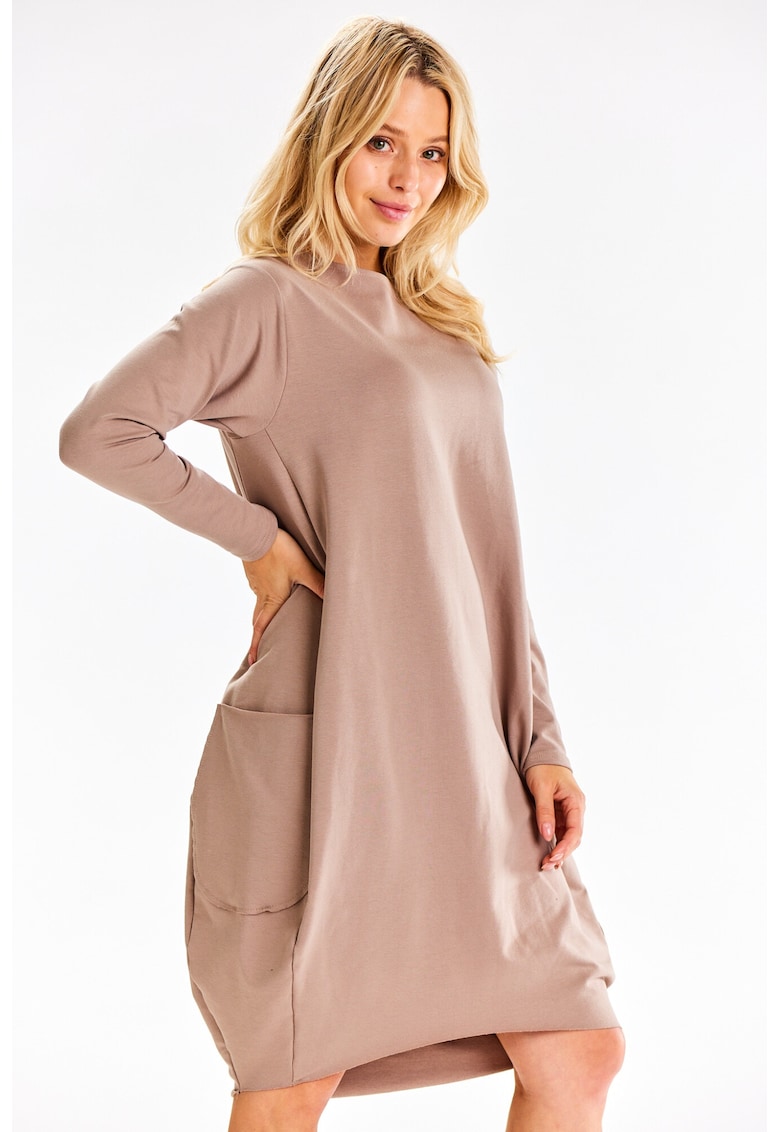 Rochie midi casual cu maneci lungi - Latte