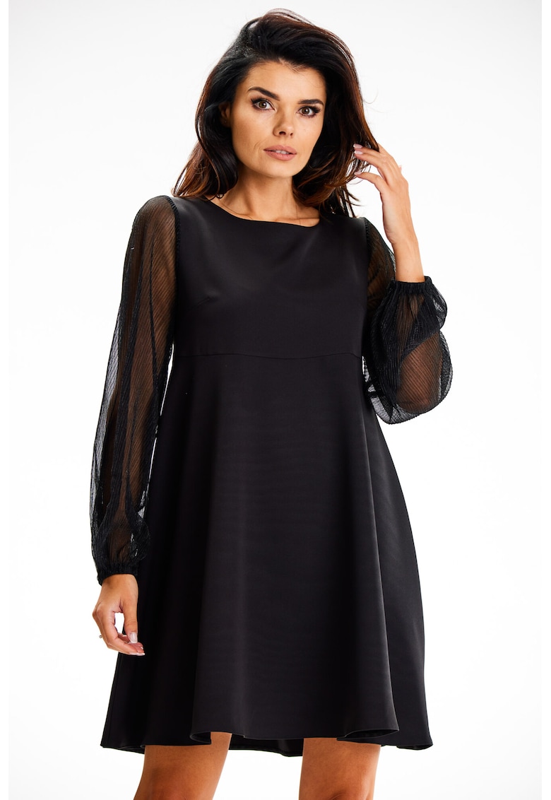 Rochie A622 - maneci din plasa - Poliester/Elastan - Negru