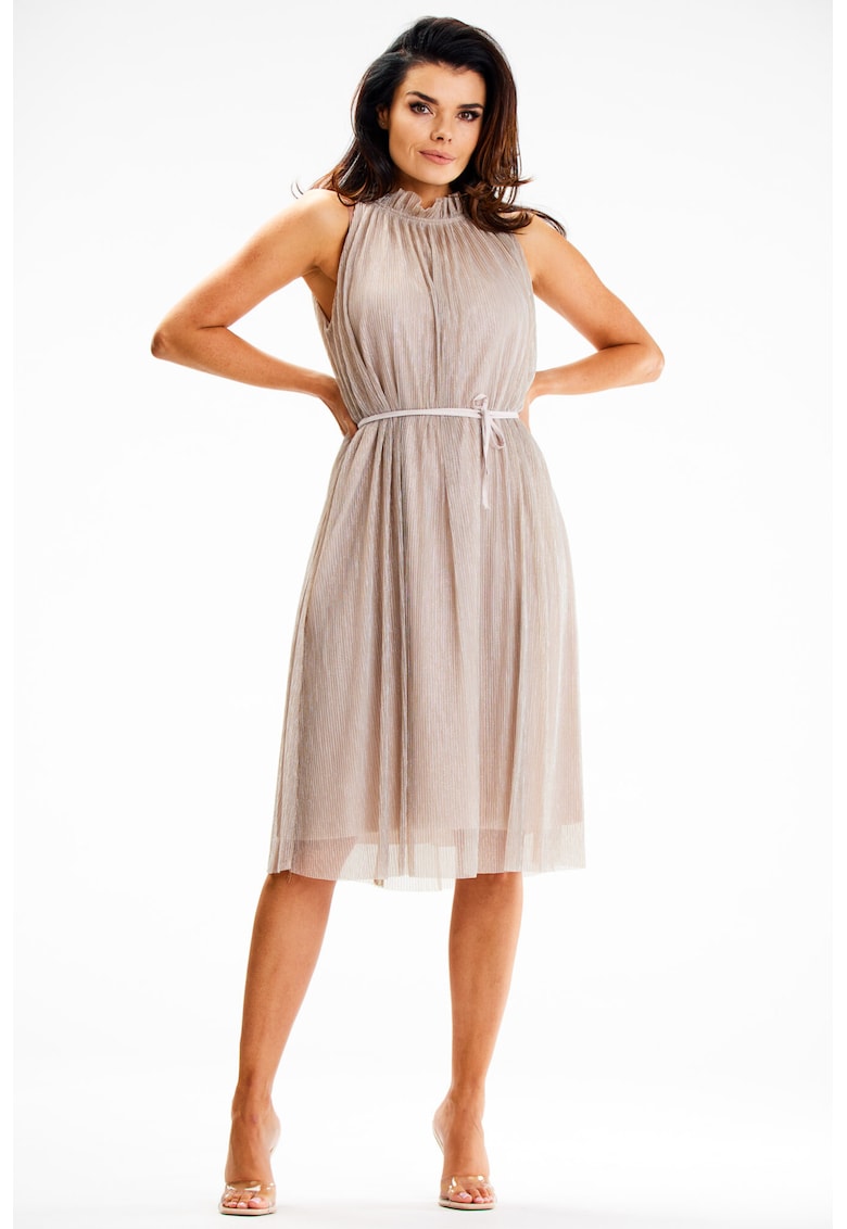 Rochie midi A629 - guler decorativ - curea subtire - bej - poliester/elastan