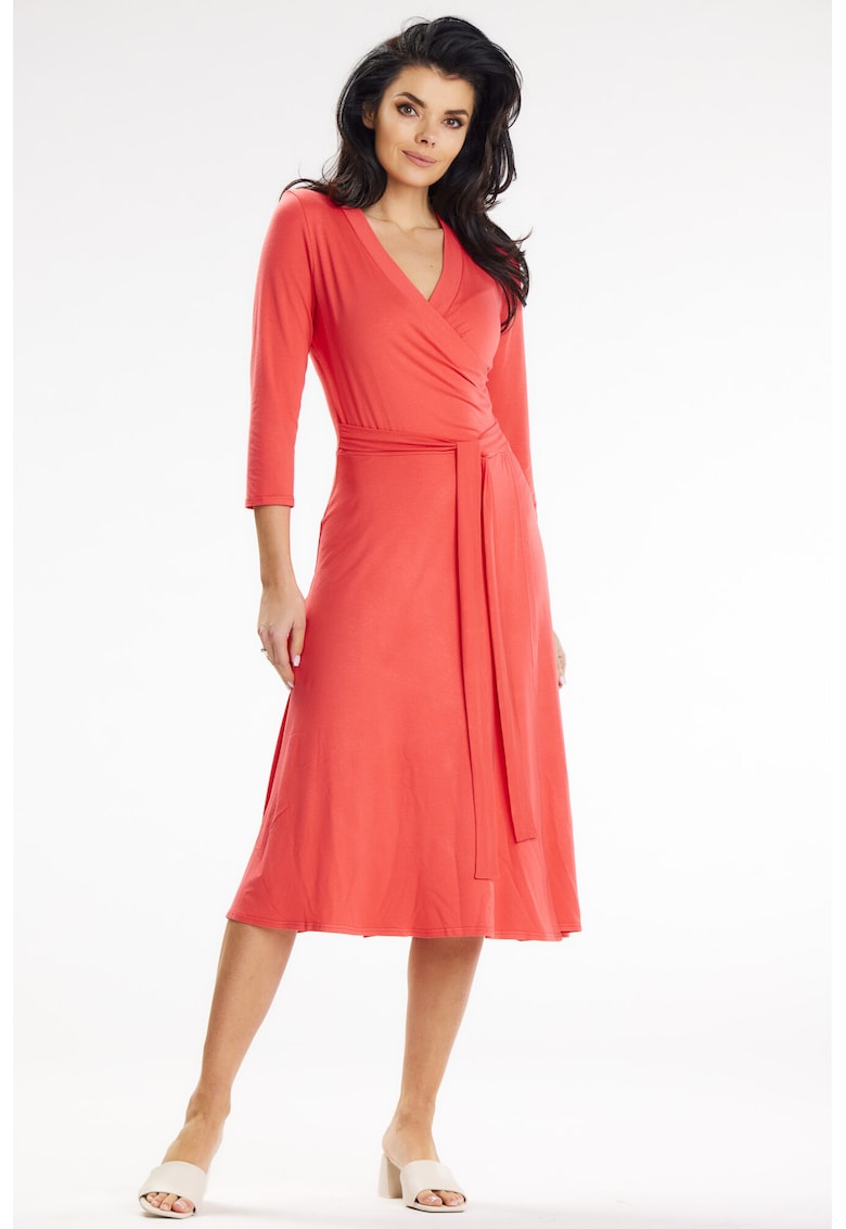 Rochie petrecuta midi cu partea de jos in clos si maneci 3/4 - - Coral