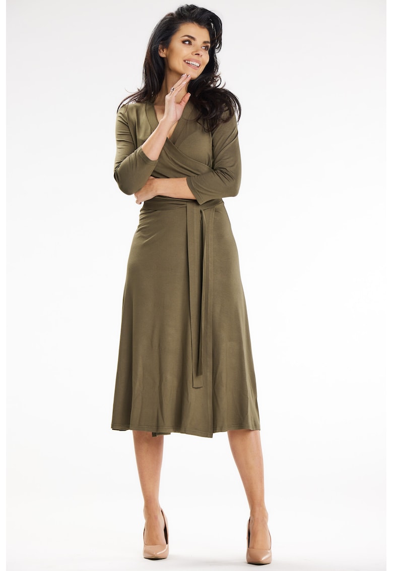 Rochie petrecuta midi cu partea de jos in clos si maneci 3/4 - - Kaki