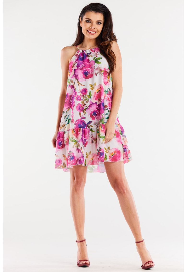 Scurta Rochie Floral Fara maneca - in A A499 - Alb/Roz