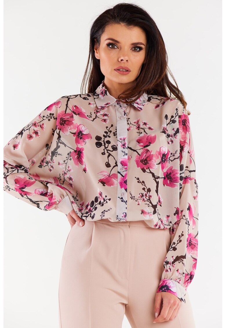 Camasa dama poliester model Flori de cires multicolor