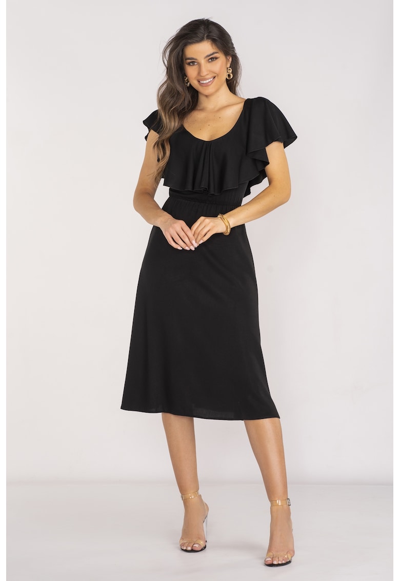 Rochie eleganta midi cu decolteu in V din viscoza - - Negru