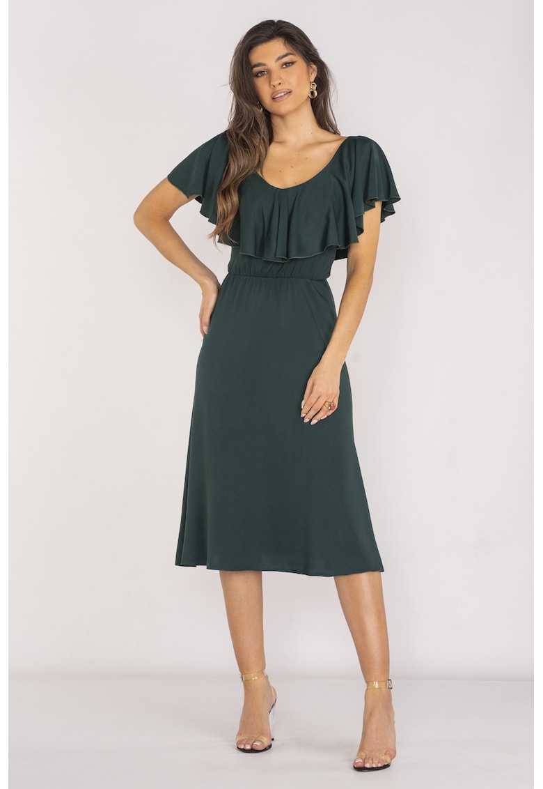 Rochie eleganta midi cu decolteu in V din viscoza - - Verde