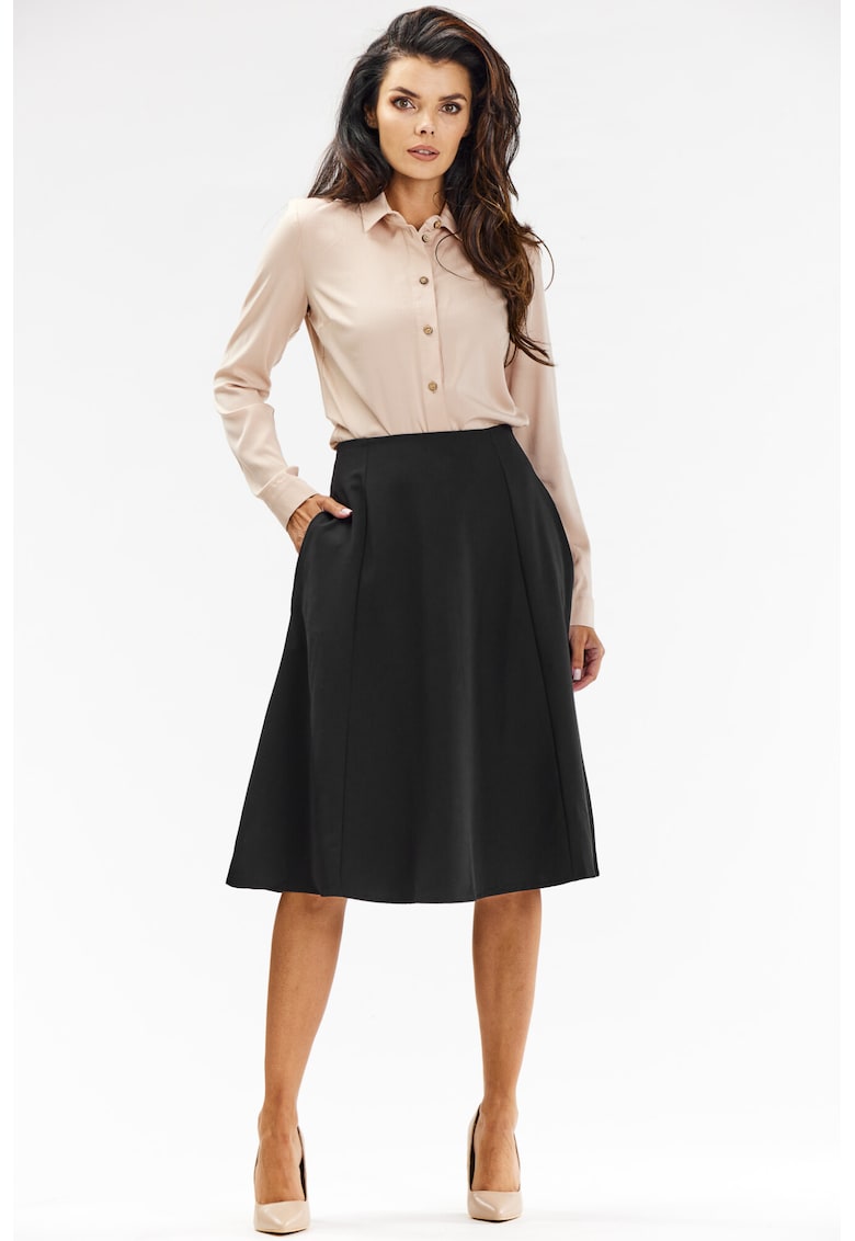 Fusta midi eleganta - evazata - poliester/elastan - negru