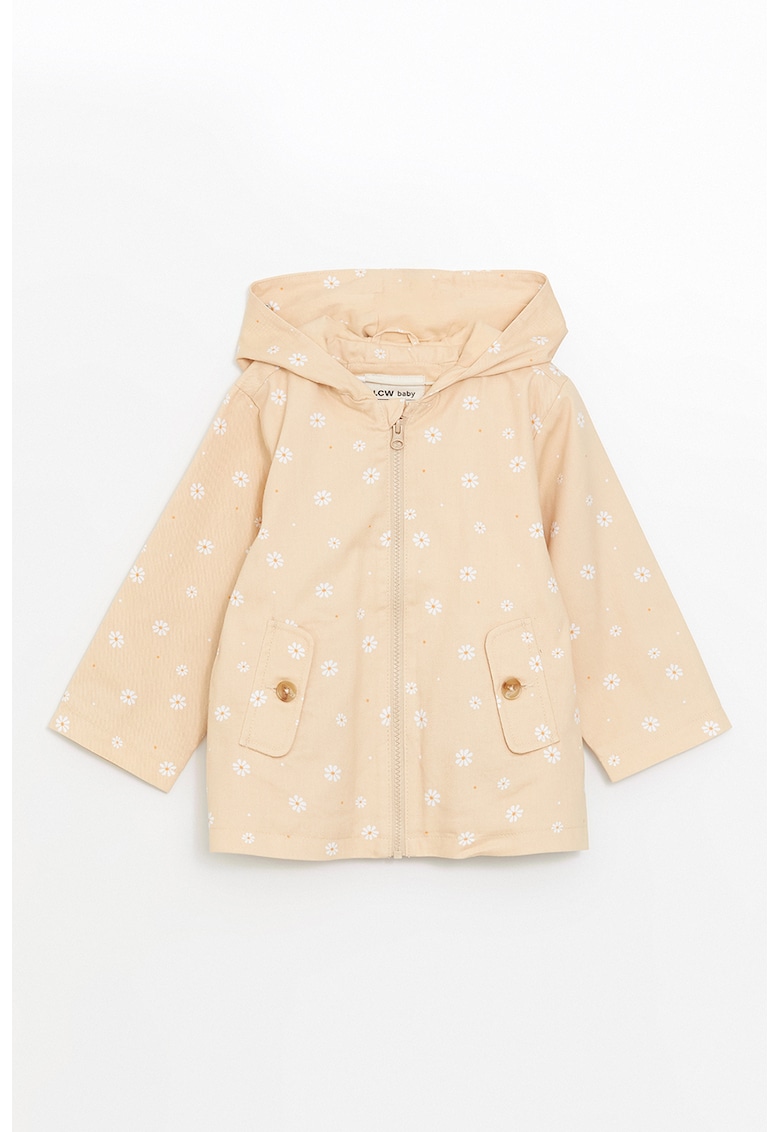 Jacheta din bumbac cu model floral si buzunare cu clapa - Alb/Piersica