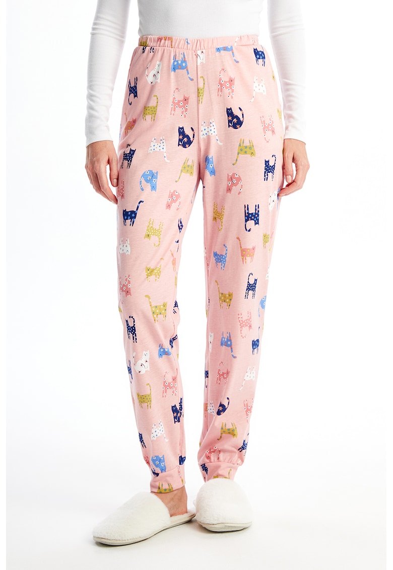 Pantaloni de pijama cu imprimeu cu pisici