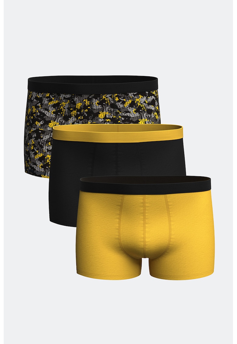 Set de boxeri cu model uni si imprimeu - 3 perechi - Negru/Galben sofran