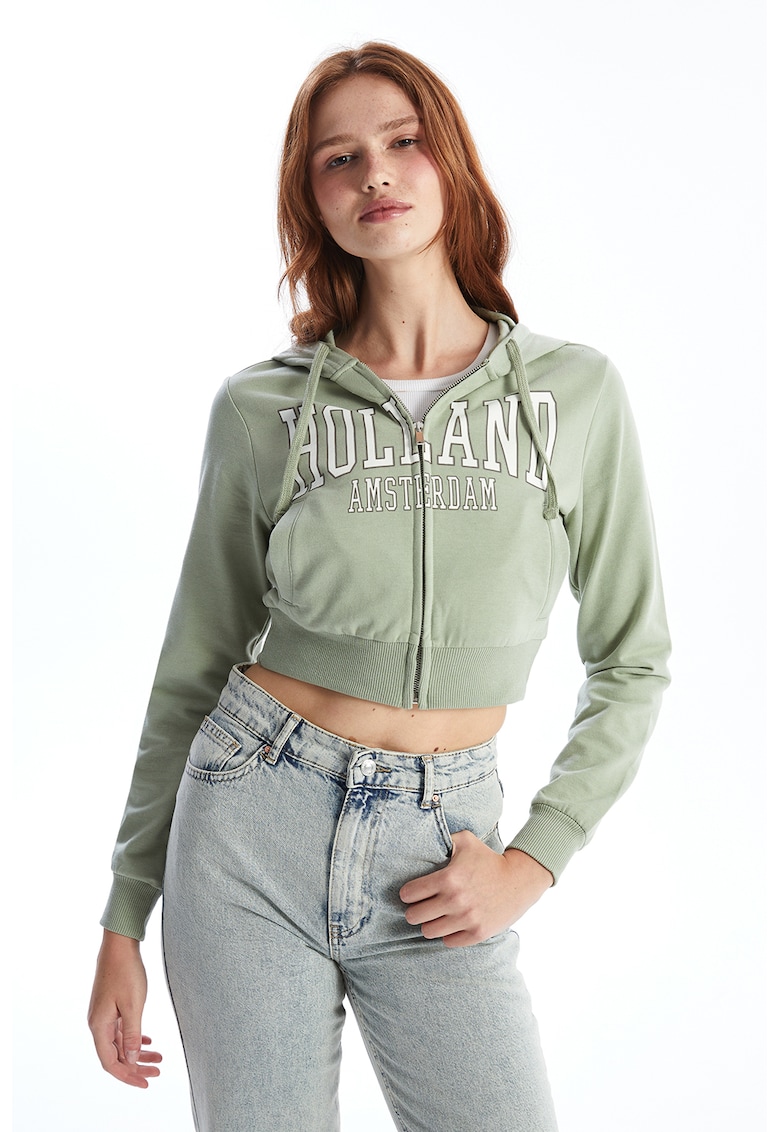 Hanorac crop cu imprimeu text