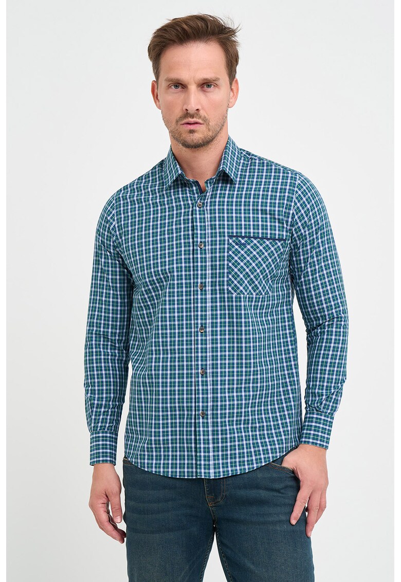 Camasa de bumbac cu mandeci lungi si model - Verde/Albastru