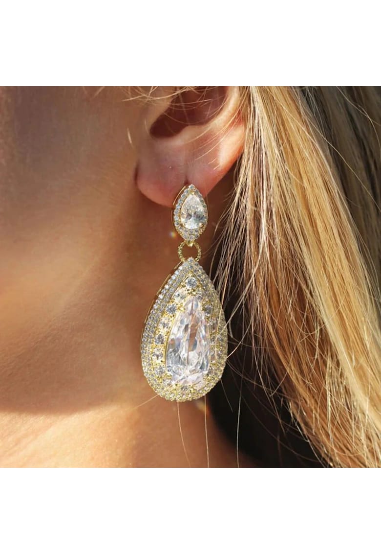 Cercei aurii - forma de lacrima - cu pietre din zirconiu - Adrina C16 - Cercei aurii - forma de lacrima - cu pietre din zirconiu - Adrina C16 -