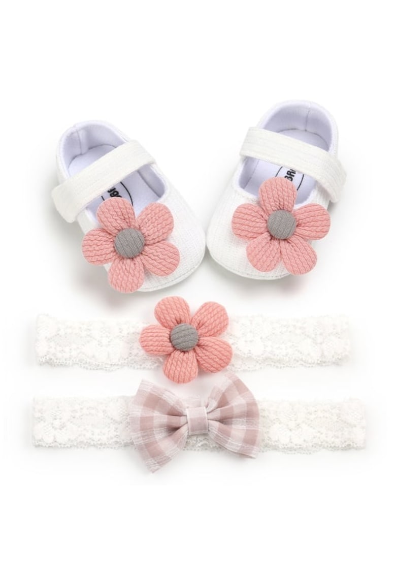 Set Pantofi Si Doua Bentite Casual - Textil - Fete - Velcro - Alb - Roz