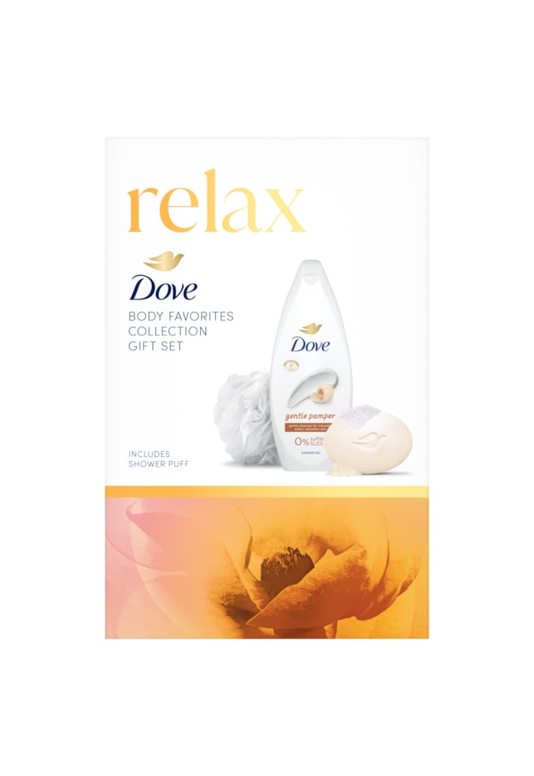 Set cadou : Gel de dus Gentle Pamper - 250ml + Sapun-crema Dove Nourishing - 90g + Shower puff