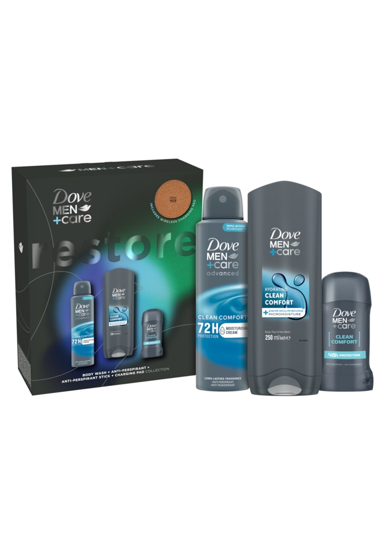 Set cadou Men+Care Advanced: Spray Clean Comfort - 150ml + Gel de dus Dove Men+Care Clean Comfort - 250ml + Stick Dove Men+Care Clean Comfort - 50ml + Charging pad