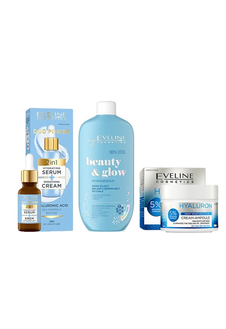 Set ingrijire ten Eveline Hyaluron Aqua - Crema hidratanta pentru ten uscat si foarte uscat - 50 ml + Ser fata 2in1 pentru hranire si netezire Duo Power - 18ml + Balsam hidratant pentru corp - Hydragenious - 350 ml