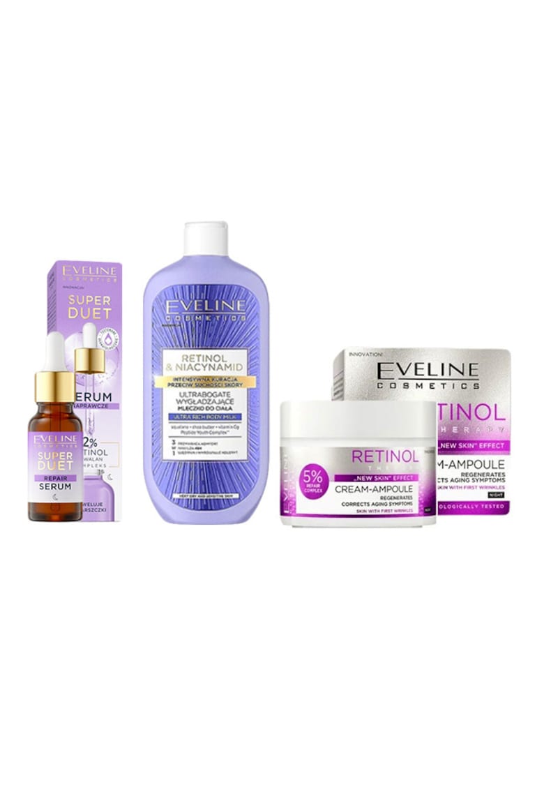 Set ingrijire ten Eveline Retinol Pro Care Crema de noapte pentru primele riduri - 50 ml + Ser reparator pentru fata Super Duet cu retinol - 18 ml + Lapte de corp netezitor ultra-bogat Retinol & Niacynamid - 350 ml