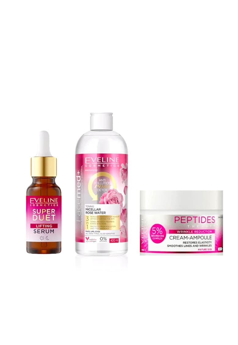 Set ingrijire ten Peptide Renewal Crema antirid pentru ten matur - 50 ml + Ser concentrat de lifting Super Duo cu 5% peptide - 18 ml + Apa micelara tonifianta de trandafiri - Facemed+ - Toning Micellar Rose Water 3 in 1 - 400 ml