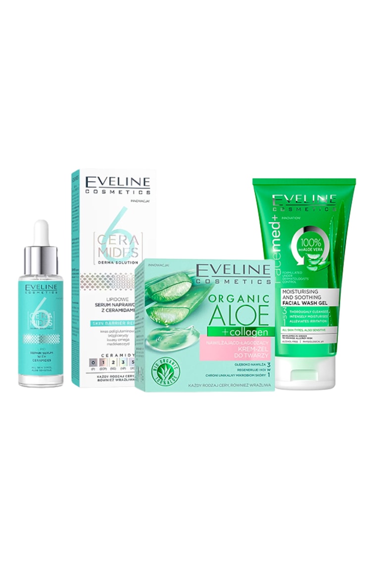 Set ingrijire ten Eveline Aloe Glow - Crema-gel hidratanta si calmanta - 50 ml + Ser reparator lipidic cu ceramide - 30 ml + Gel de curatare fata - Facemed+ cu Aloe Vera - Moisturising and Soothing 3in1 - 150 ml