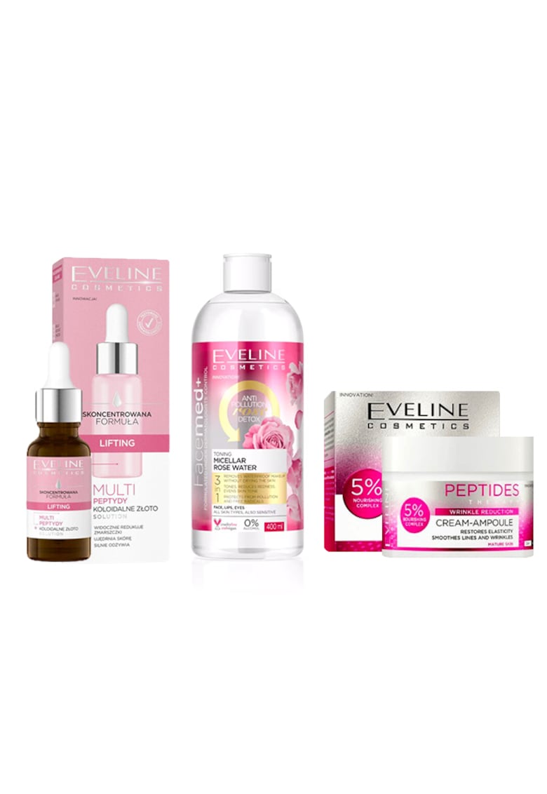 Set ingrijire ten Peptides Glow Crema antirid pentru ten matur - 50 ml + Ser lifting cu multi peptide - 18 ml + Apa micelara tonifianta de trandafiri - Facemed+ - Toning Micellar Rose Water 3 in 1 - 400 ml