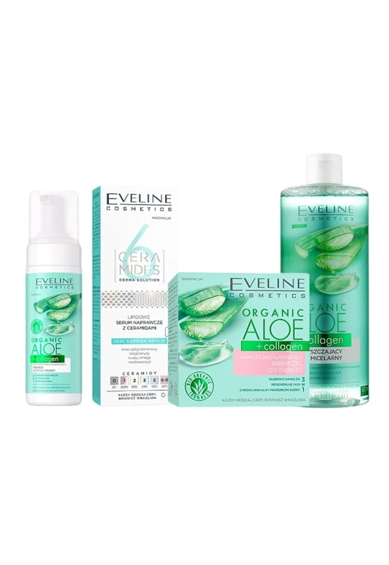Set ingrijire ten Eveline Collagen Revive - Crema-gel hidratanta si calmanta - 50 ml + Apa micelara - 500 ml + Spuma de curatare Purifianta si Calmanta - 150 ml + Ser reparator lipidic cu ceramide - 6 Ceramide - 30 ml