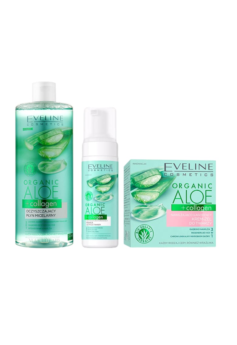 Set ingrijire ten Eveline Aloe Collagen - Crema-gel hidratanta si calmanta - 50 ml + Apa micelara - 500 ml + Spuma de curatare Purifianta si Calmanta - 150 ml
