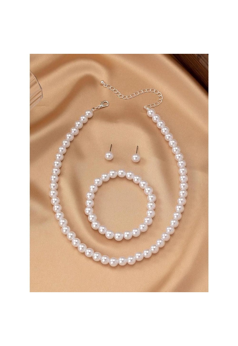 Set colier - bratara si cercei - argintiu - cu perle - Aija C24