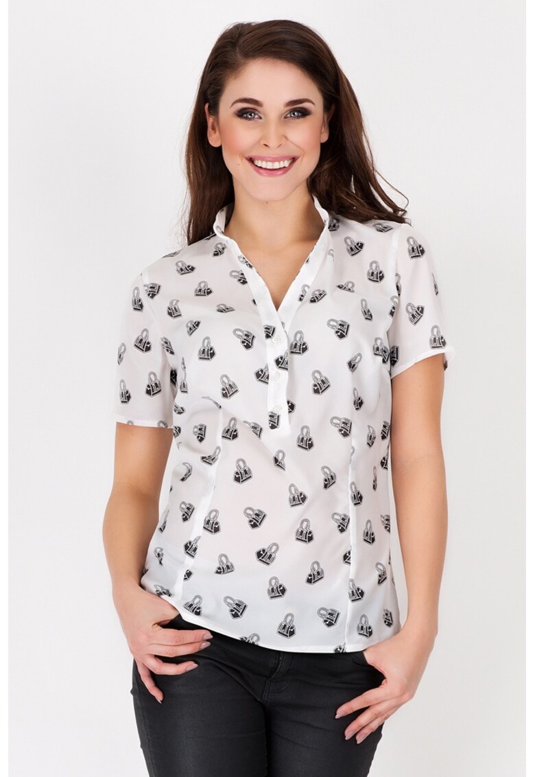 Camasa A089 pentru dama Poliester - Imprimeu cu genti - Alb/Negru