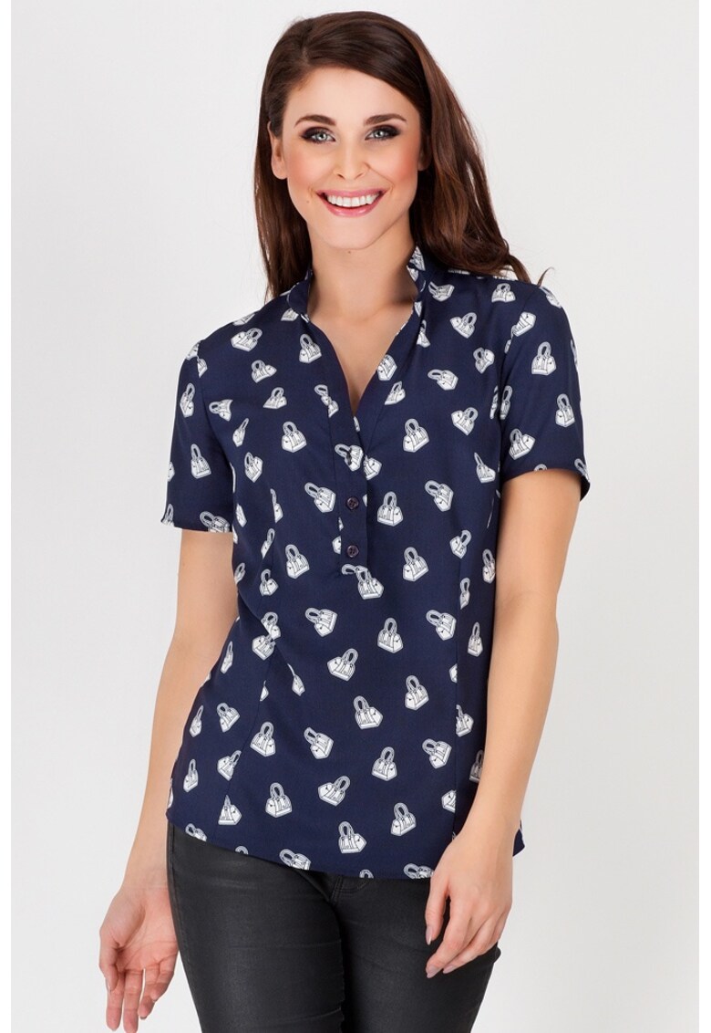 Camasa A089 pentru dama Poliester - Cu imprimeu cu genti - Bleumarin/Alb