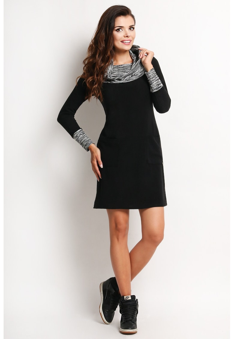 Rochie lejera de zi cu maneci lungi si guler inalt - - Negru