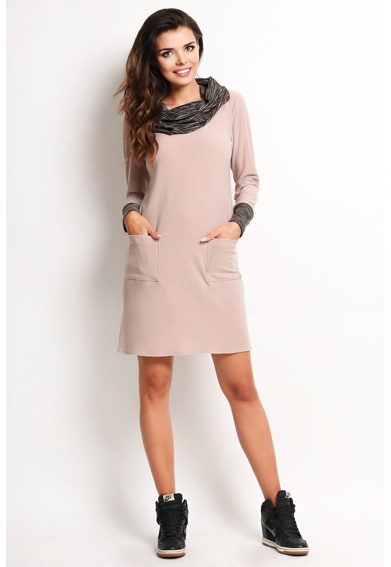 Rochie lejera de zi cu maneci lungi si guler inalt - - Bej