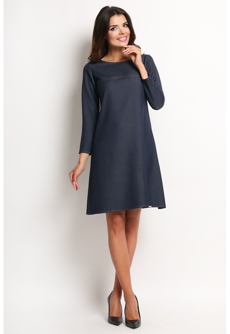 Rochie trapez midi cu maneci lungi - - Bleumarin